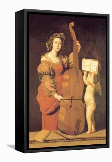 Cherub Holds Music Book for Woman Playing the Cello-null-Framed Stretched Canvas