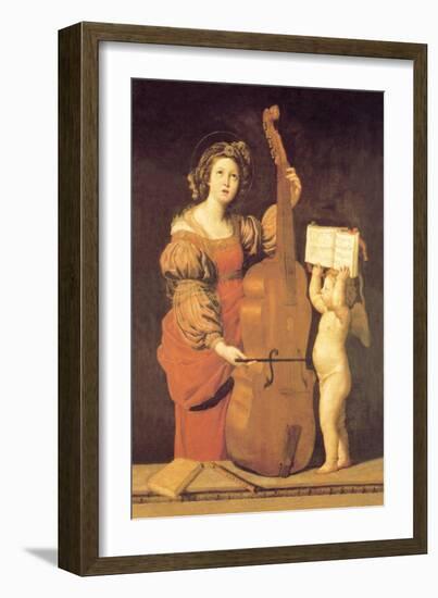 Cherub Holds Music Book for Woman Playing the Cello-null-Framed Art Print