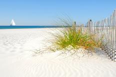 Beautiful Sand Dune Fence by Sea Grass with Sailboat on Horizon-CherylCasey-Photographic Print