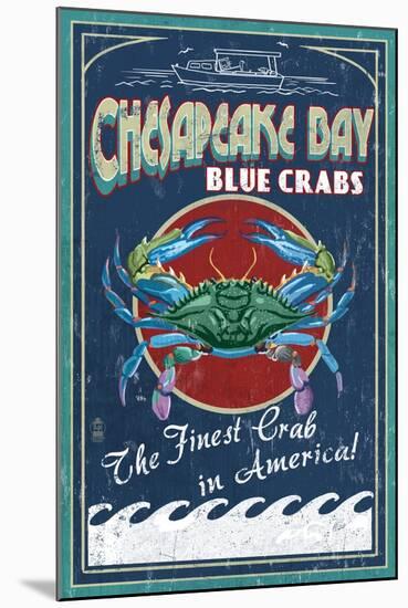 Chesapeake Bay, Virginia - Blue Crab Vintage Sign-Lantern Press-Mounted Art Print