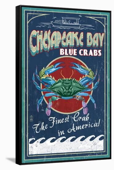 Chesapeake Bay, Virginia - Blue Crab Vintage Sign-Lantern Press-Framed Stretched Canvas