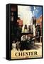 Chester, England - Street View with Couple and Tower Clock Rail Poster-Lantern Press-Framed Stretched Canvas