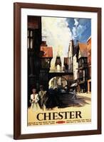Chester, England - Street View with Couple and Tower Clock Rail Poster-Lantern Press-Framed Art Print
