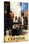 Chester, England - Street View with Couple and Tower Clock Rail Poster-Lantern Press-Stretched Canvas