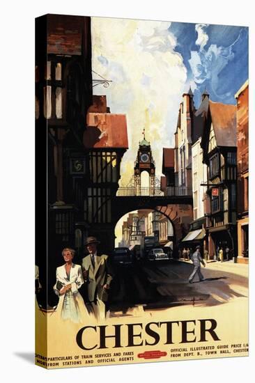 Chester, England - Street View with Couple and Tower Clock Rail Poster-Lantern Press-Stretched Canvas