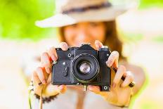 Happy Young Girl With Camera Outdoors-chesterf-Framed Art Print