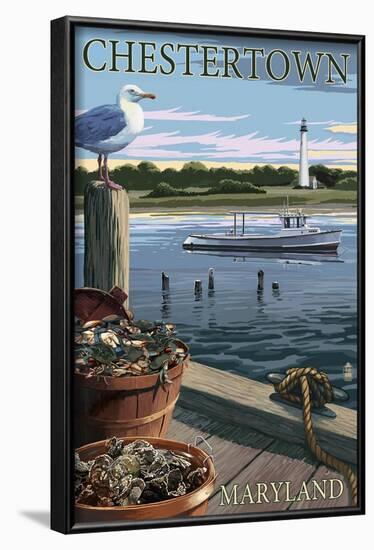 Chestertown, Maryland - Blue Crab and Oysters on Dock-Lantern Press-Framed Art Print