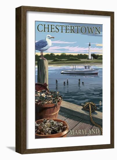 Chestertown, Maryland - Blue Crab and Oysters on Dock-Lantern Press-Framed Art Print