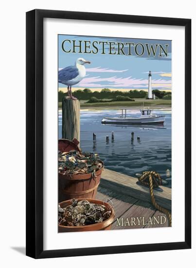 Chestertown, Maryland - Blue Crab and Oysters on Dock-Lantern Press-Framed Art Print