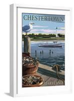 Chestertown, Maryland - Blue Crab and Oysters on Dock-Lantern Press-Framed Art Print