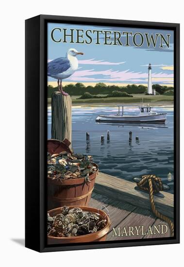 Chestertown, Maryland - Blue Crab and Oysters on Dock-Lantern Press-Framed Stretched Canvas
