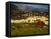 Chestnut horse grazing in the campo (countryside) with Frigiliana and the mountains of the Sierr...-Panoramic Images-Framed Stretched Canvas