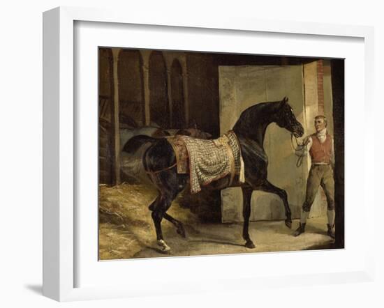 Cheval noir sortant de l'écurie-Horace Vernet-Framed Giclee Print