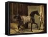 Cheval noir sortant de l'écurie-Horace Vernet-Framed Stretched Canvas