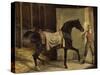 Cheval noir sortant de l'écurie-Horace Vernet-Stretched Canvas