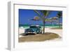 Chevrolet Classic Car under a Palm Tree on the Beach of the Island of Cayo Coco, Cuba-null-Framed Art Print