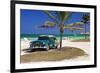 Chevrolet Classic Car under a Palm Tree on the Beach of the Island of Cayo Coco, Cuba-null-Framed Art Print