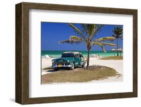 Chevrolet Classic Car under a Palm Tree on the Beach of the Island of Cayo Coco, Cuba-null-Framed Art Print