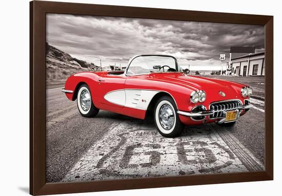 Chevrolet: Corvette- Classic Red 1959 On Route 66-null-Framed Poster