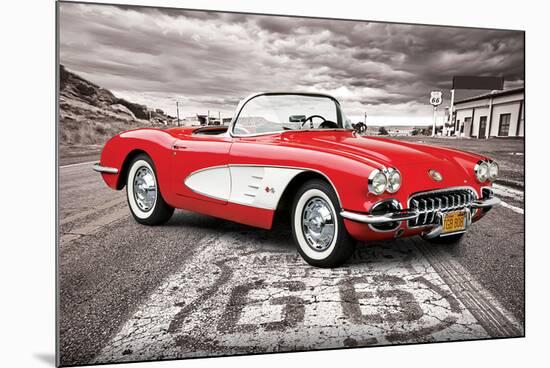 Chevrolet: Corvette- Classic Red 1959 On Route 66-null-Mounted Poster