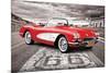 Chevrolet: Corvette- Classic Red 1959 On Route 66-null-Mounted Poster