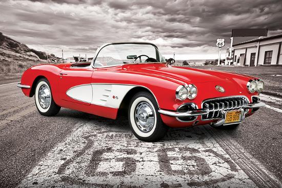 Chevrolet: Corvette- Classic Red 1959 On Route 66-null-Lamina Framed Poster