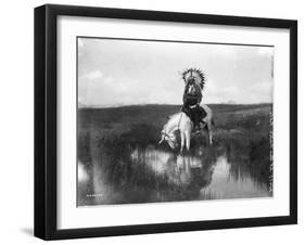 Cheyenne Indian, Wearing Headdress, on Horseback Photograph-Lantern Press-Framed Art Print