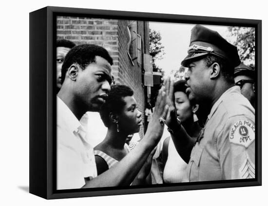 Chicago African American Policeman Tries to Calm a Crowd-null-Framed Stretched Canvas
