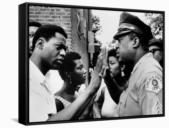 Chicago African American Policeman Tries to Calm a Crowd-null-Framed Stretched Canvas