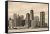 Chicago City Urban Skyline Black and White with Skyscrapers over Lake Michigan with Cloudy Blue Sky-Songquan Deng-Framed Stretched Canvas