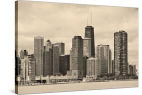 Chicago City Urban Skyline Black and White with Skyscrapers over Lake Michigan with Cloudy Blue Sky-Songquan Deng-Stretched Canvas