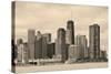 Chicago City Urban Skyline Black and White with Skyscrapers over Lake Michigan with Cloudy Blue Sky-Songquan Deng-Stretched Canvas