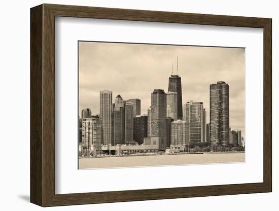 Chicago City Urban Skyline Black and White with Skyscrapers over Lake Michigan with Cloudy Blue Sky-Songquan Deng-Framed Photographic Print