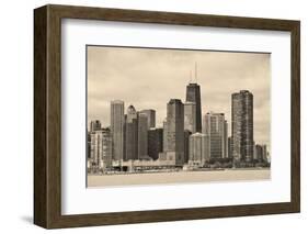 Chicago City Urban Skyline Black and White with Skyscrapers over Lake Michigan with Cloudy Blue Sky-Songquan Deng-Framed Photographic Print