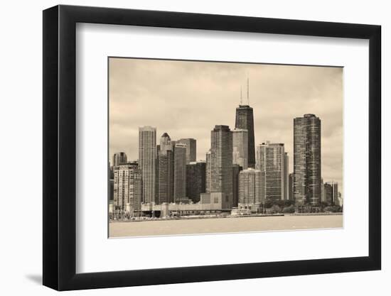 Chicago City Urban Skyline Black and White with Skyscrapers over Lake Michigan with Cloudy Blue Sky-Songquan Deng-Framed Photographic Print