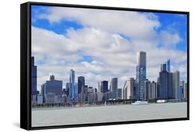 Chicago City Urban Skyline Panorama with Skyscrapers over Lake Michigan with Cloudy Blue Sky.-Songquan Deng-Framed Stretched Canvas