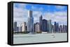 Chicago City Urban Skyline with Skyscrapers over Lake Michigan with Cloudy Blue Sky.-Songquan Deng-Framed Stretched Canvas