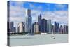 Chicago City Urban Skyline with Skyscrapers over Lake Michigan with Cloudy Blue Sky.-Songquan Deng-Stretched Canvas