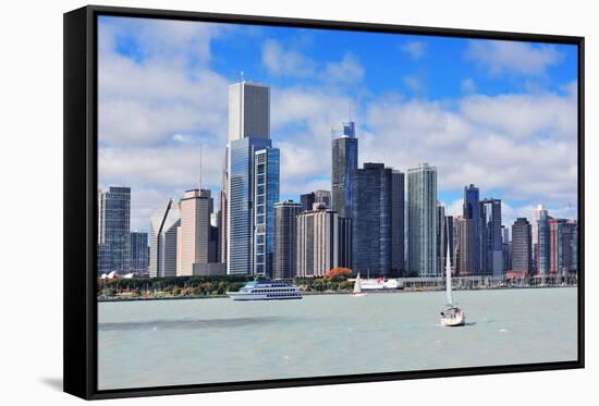 Chicago City Urban Skyline with Skyscrapers over Lake Michigan with Cloudy Blue Sky.-Songquan Deng-Framed Stretched Canvas