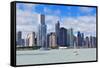 Chicago City Urban Skyline with Skyscrapers over Lake Michigan with Cloudy Blue Sky.-Songquan Deng-Framed Stretched Canvas