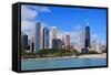 Chicago City Urban Skyline with Skyscrapers over Lake Michigan with Cloudy Blue Sky.-Songquan Deng-Framed Stretched Canvas