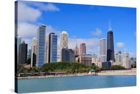 Chicago City Urban Skyline with Skyscrapers over Lake Michigan with Cloudy Blue Sky.-Songquan Deng-Stretched Canvas