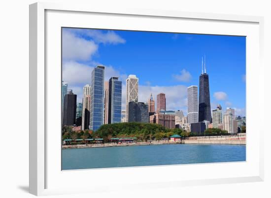 Chicago City Urban Skyline with Skyscrapers over Lake Michigan with Cloudy Blue Sky.-Songquan Deng-Framed Photographic Print