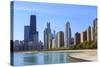 Chicago Cityscape from North Avenue Beach, John Hancock Center on the Left, Chicago, Illinois, USA-Amanda Hall-Stretched Canvas