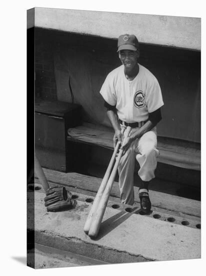Chicago Cub's Ernie Banks, Stooping in the Dug-Out Holding Two Bats Against Cincinnati Reds-John Dominis-Stretched Canvas