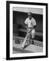 Chicago Cub's Ernie Banks, Stooping in the Dug-Out Holding Two Bats Against Cincinnati Reds-John Dominis-Framed Premium Photographic Print