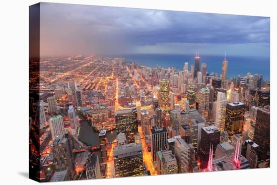 Chicago Downtown Aerial View at Dusk with Skyscrapers and City Skyline at Michigan Lakefront-Songquan Deng-Stretched Canvas