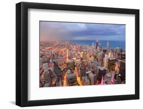 Chicago Downtown Aerial View at Dusk with Skyscrapers and City Skyline at Michigan Lakefront-Songquan Deng-Framed Photographic Print