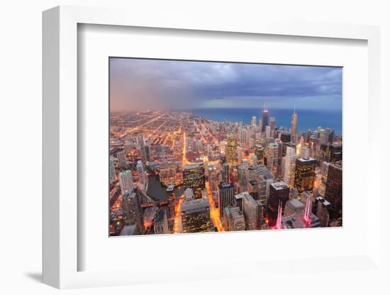 Chicago Downtown Aerial View at Dusk with Skyscrapers and City Skyline at Michigan Lakefront-Songquan Deng-Framed Photographic Print