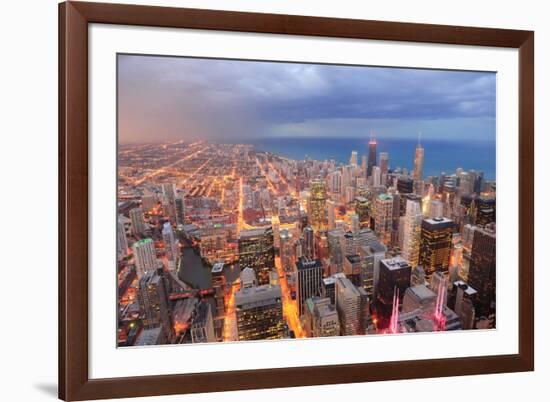 Chicago Downtown Aerial View at Dusk with Skyscrapers and City Skyline at Michigan Lakefront-Songquan Deng-Framed Photographic Print